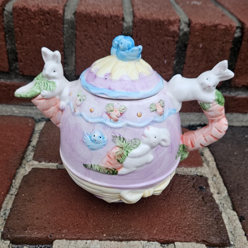 Ceramic Floral Easter Egg Teapot Decorated with Bunnies